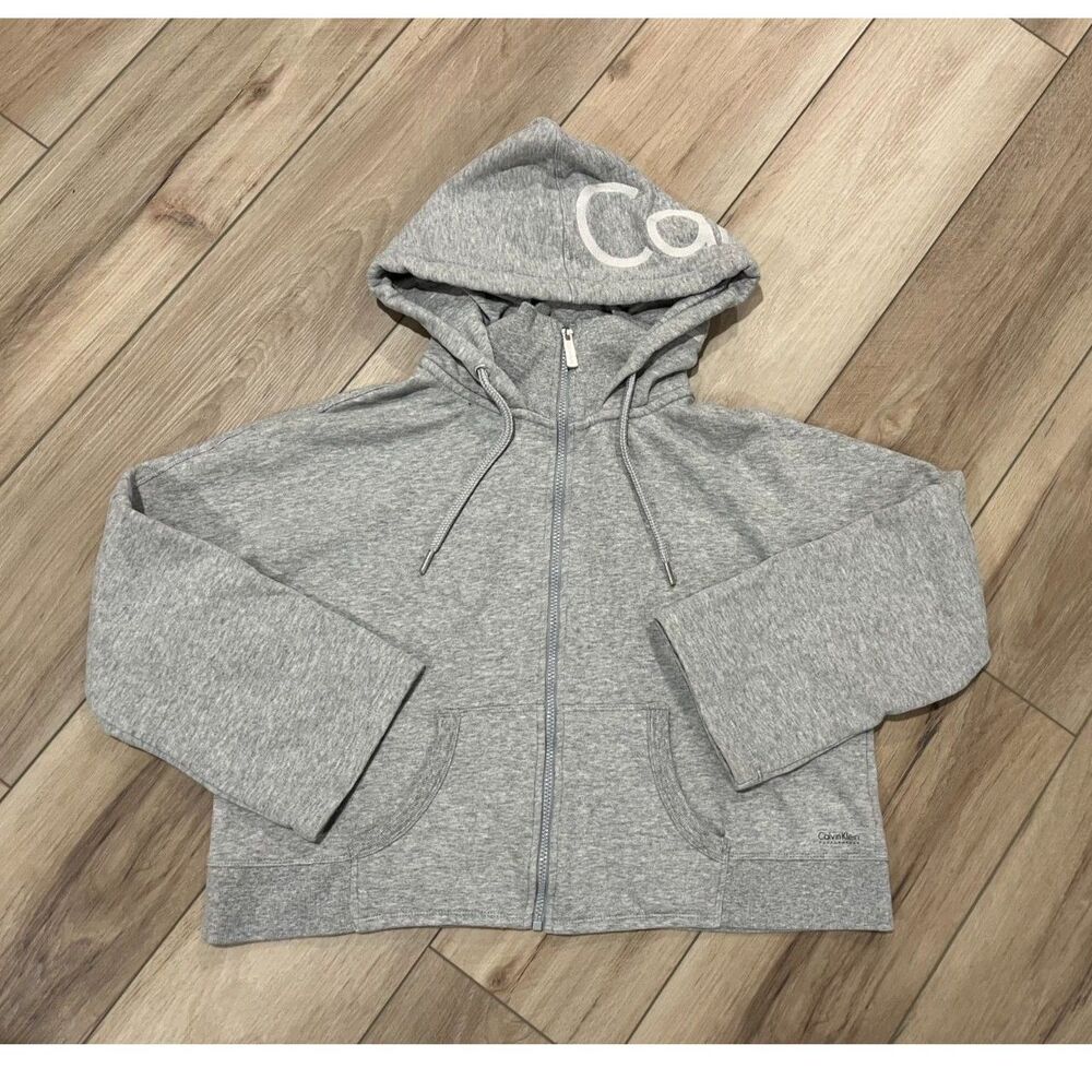 Calvin Klein Performance Gray Zip Up Hoodie Cropped Women Comfy Sweatshirt L